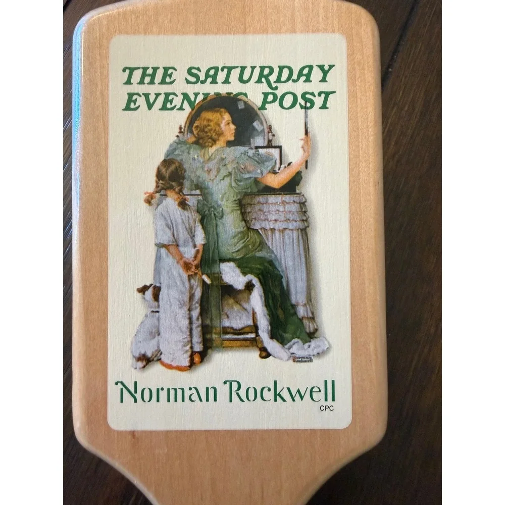 Norman Rockwell Saturday Evening Post Wooden Paddle Hair Brush Girl at Mirror